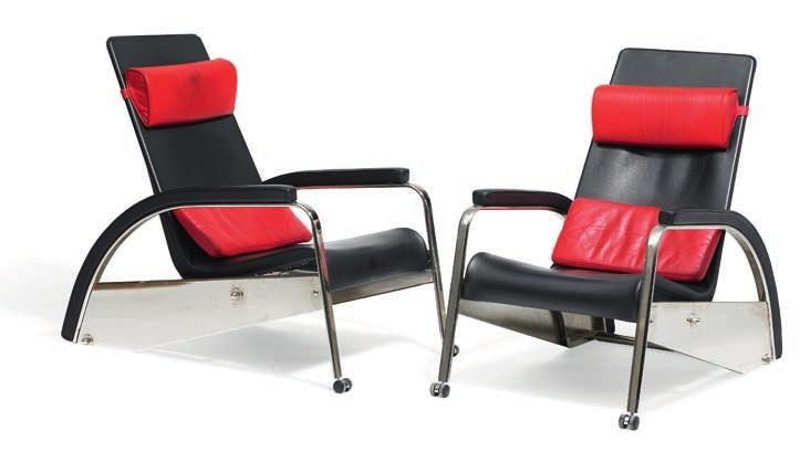1990s by Tecta, Germany. (2) DKK 30,000 / 4,050 1186 HANS J. WEGNER b. Tønder 1914, d. Gentofte 2007 GE 672. A pair of armchairs with red laquered, moulded frames.
