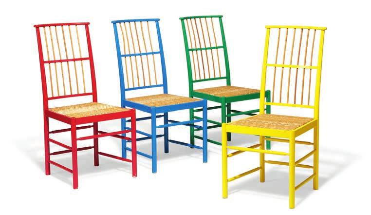 1187 1187 JOSEF FRANK b. Baden bei Wien 1885, d. Stockholm 1967 A set of four dining chairs with resp. yellow, red, blue and green lacquered frames.