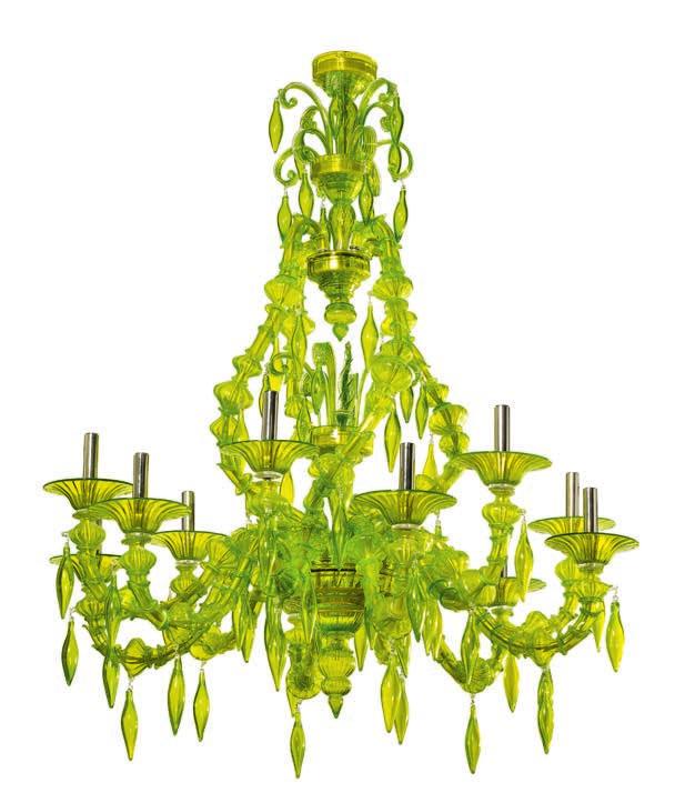 1189 1189 BAROVIER & TOSO "San Giorgio". Gigantic green glass chandelier with 12 curvy light arms and numerous prisms.