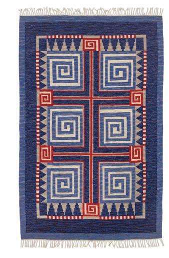 (12) DKK 40,000-60,000 / 5,400-8,050 1208 SWEDISH DESIGN Handwoven wool carpet in "rölakan" flat weave technique with geometric pattern in