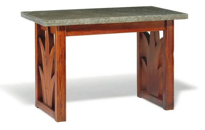 990 TOM WOLFENSTEIN Sweden. 20th century. Console table with solid pine frame, pierced sides carved with leaf motif. Rectangular top of sandstone with large fossils. This example made approx.