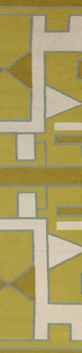 1002 CD ANNA THOMMESEN b. 1908, d. 2004 Unique handwoven carpet with geometric patter in yellow, green, blue and white wool. L. 187 cm. W. 148 cm.