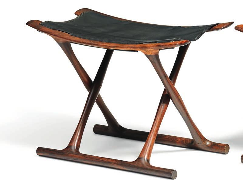 1009 OLE WANSCHER b. Frederiksberg 1903, d. Charlottenlund 1985 "Egyptian Stool". A pair of Brazilian rosewood folding stools. Seat of black leather. Designed 1957.