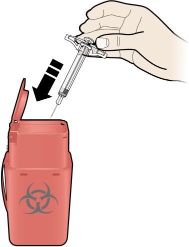 Trin 4: Afslut J. Kassér den brugte injektionssprøjte og kanylehætten. Genbrug ikke den brugte injektionssprøjte. Brug ikke eventuel resterende medicin, der er tilovers i den brugte injektionssprøjte.