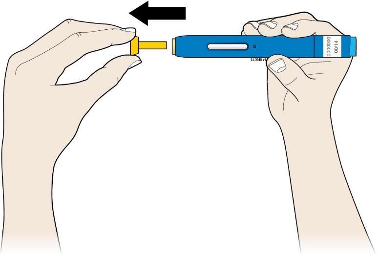 Trin 2: Vær parat E. Træk den gule hætte lige af, når du er klar til at give injektionen.
