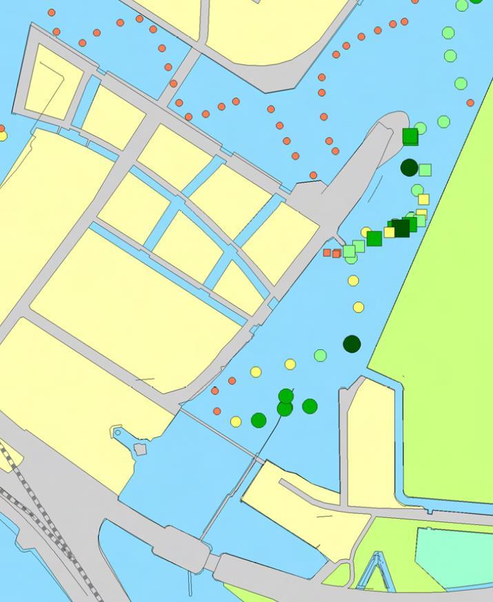 Sluseholmen, Modellering af vandskifte og vurdering af vandkvalitet 13/17 Figur 4-1 Kort over ålegræssets dækningsgrad omkring Sluseholmen fra Københavns Kommune (2013).