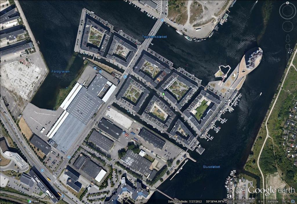 Sluseholmen, Modellering af vandskifte og vurdering af vandkvalitet 3/17 Figur 1-2 Google Earth billede af de eksisterende forhold for Sluseholmen.