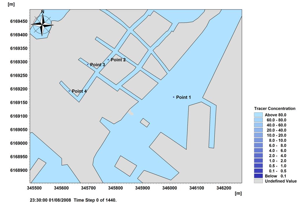 Sluseholmen, Modellering af vandskifte og vurdering af vandkvalitet 9/17 Ovenstående illustrerer, at koncentrationen i havneløbet og i Sluseholmens fremtidige kanalsystem er stort set ens. 3.