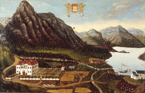 Godset Rosendal ved Bergen, som er et af Norges største herresæder, blev Marcus Rosencrones barndomshjem. Prospekt af Rosendal fra 1705. (Maleri af Hans Sager.