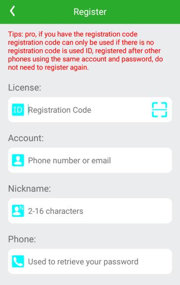 Tryk på Register oppe i højre hjørne Registration Code: Scan eller indtast nummeret på bagsiden af uret Account: Brugernavn til App Nickname: Brugernavn til uret f.eks.