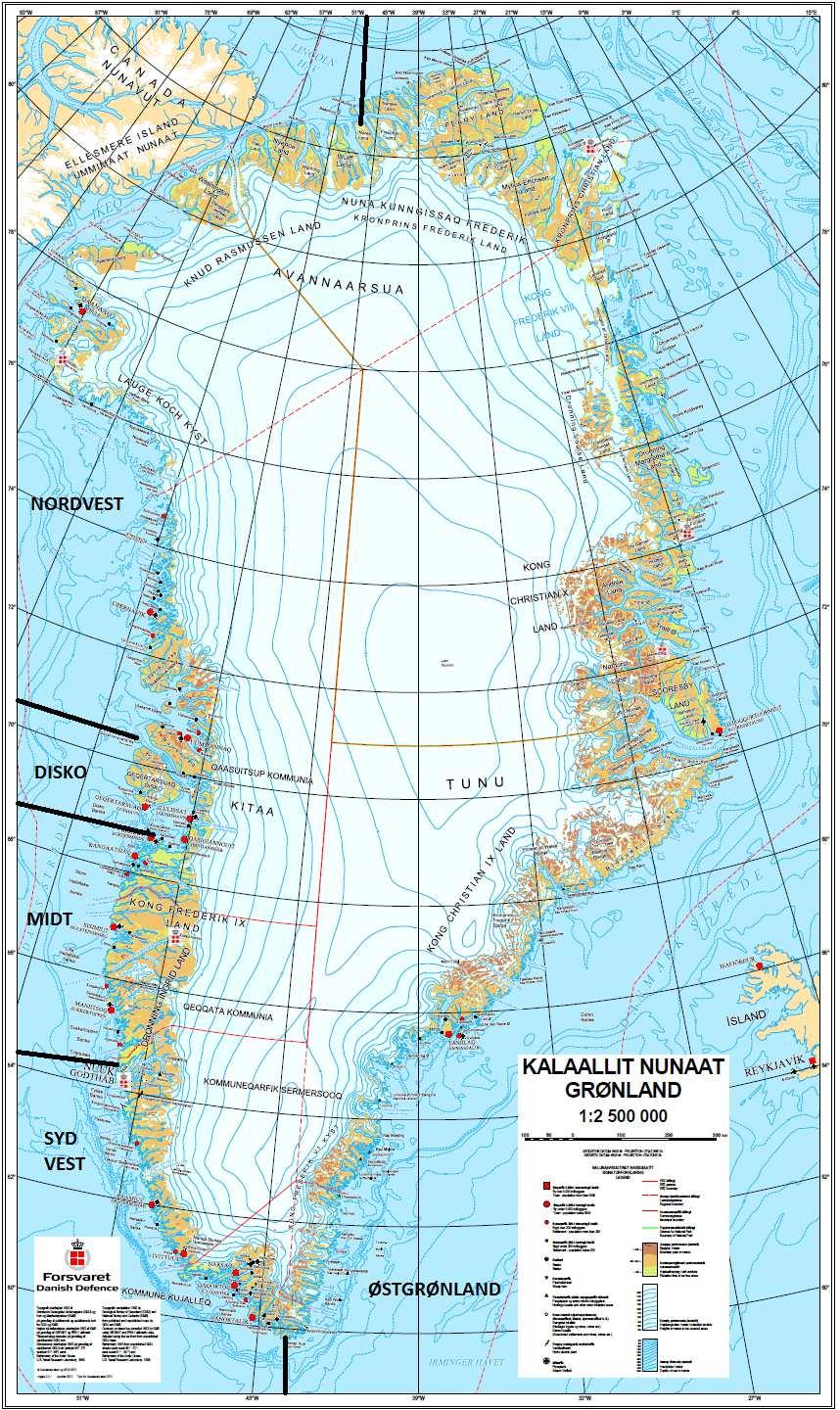 Geografisk fordeling og sæsonudsving SAR-mæssigt opereres der med fem forskellige områder: Østgrønland, der dækker fra John Murray Ø i Nordgrønland til Kap Farvel i Sydgrønland.