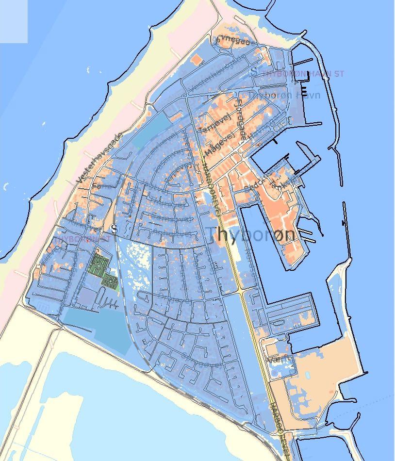 Figur 18: Det maksimale udbredelsesområde af oversvømmelse af Thyborøn ved en