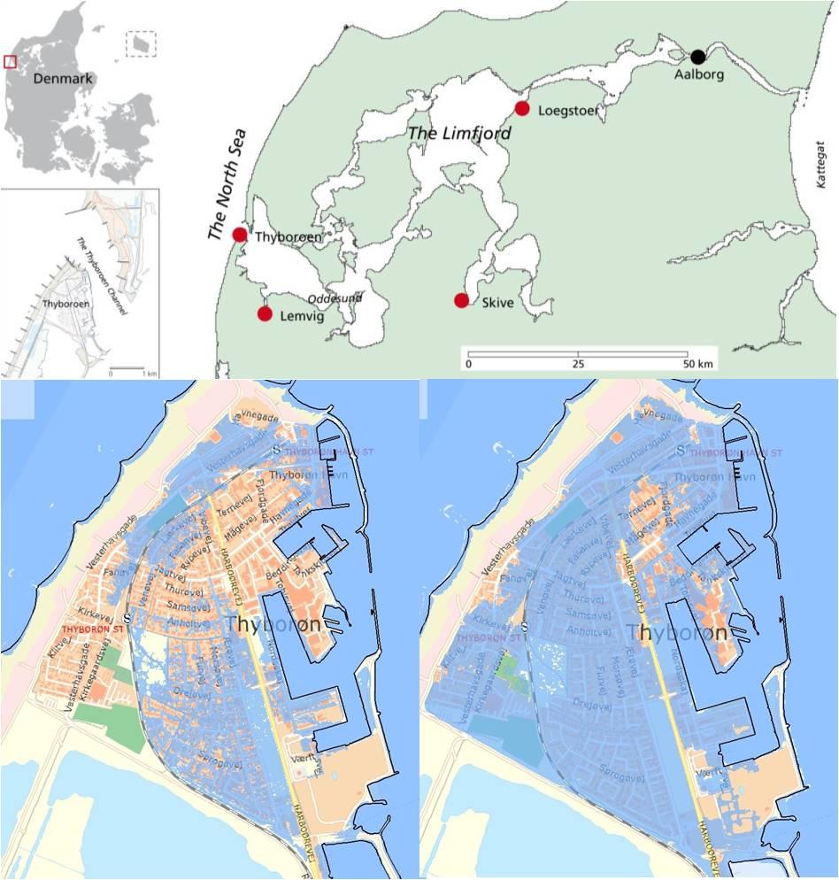 The location of Thyboroen (above) and the maximum area of flooding in Thyboroen if a 100 year storm surge occurs today (lower left) and in the year