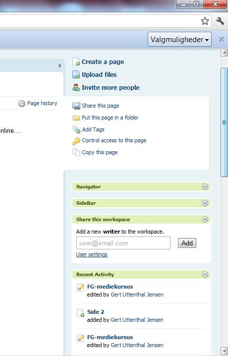 Lav en Wiki med PBworks Side 6 Brug toolbar en til at invitere, sætte sider ind, uploads mm Når du er logget ind som bruger er der i højre side en toolbar med mange spændende features: Her folder du