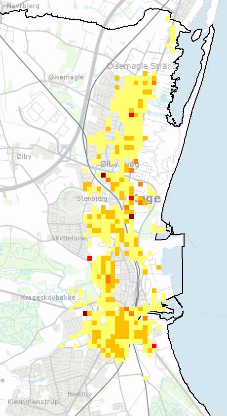 2100. Skaderne på bygninger og indbo sker især i den sydlige del af Køge By.