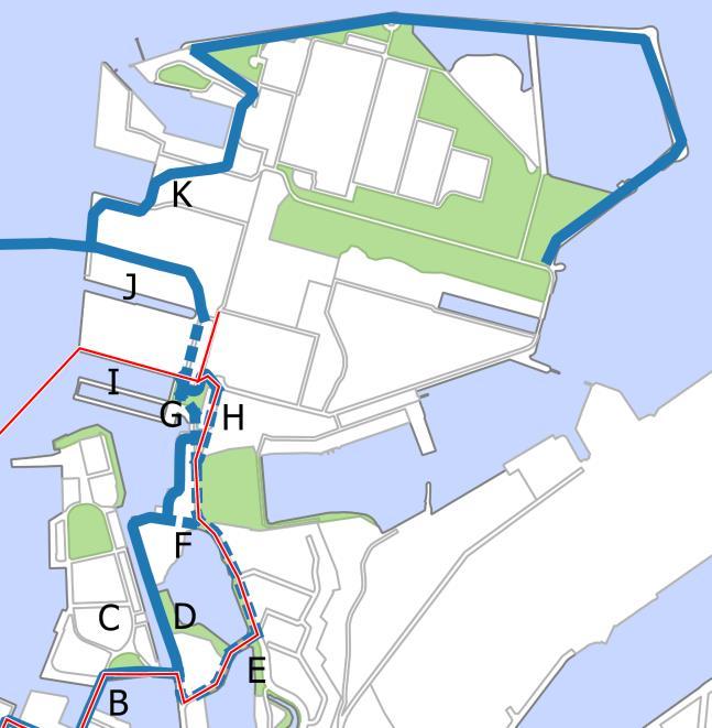 På og ved Refshaleøen Figur 3. Ruteføring på og ved Refshaleøen D. Hvor Kongebrovej møder Krudtløbsvej, er der to alternative forløb for ruten.