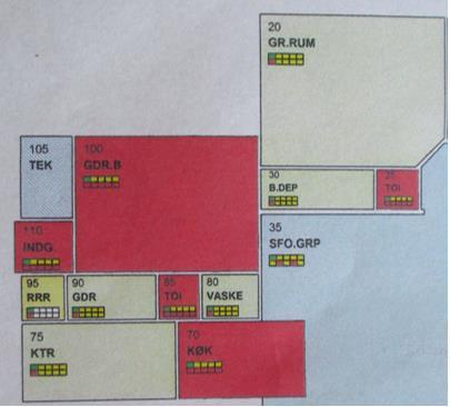 Her er en plan, hvor den røde farve fortæller, at lokaler med denne farve skal rengøres efter
