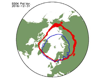 a b c d e f g Figur 7. Røde konturlinjer viser grænsen for den polare vortex i K potentiel temperaturs højde, svarende til ca. 23 km, i perioden 1.december 2016 14.