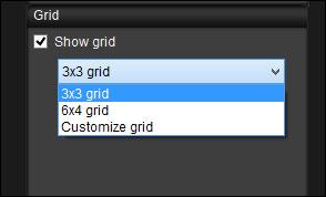 Vælg en visningsmetode for hjælpelinjerne fra listen [Grid/Hjælpelinjer]. Ved at vælge [Customize grid/tilpas hjælpelinjer] kan du indstille følgende elementer.