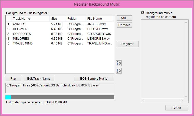 Tilføje EOS Sample Music Klik på knappen [EOS Sample Music]. EOS Sample Music på computeren føjes til [Background music to register/baggrundsmusik til registrering].