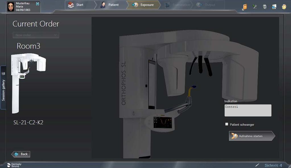 Sirona Dental Systems GmbH Brugsanvisning ORTHOPHOS SL 2D / 3D 5 Betjening 5.1 Oprettelse af røntgenoptagelse Dialogen til forberedelse af optagelsen vises. 2. Indtast indikationen for optagelsen i indtastningsfeltet "Indication".