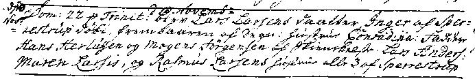 Inger Larsdatter 1743 KB Jørlunde 1743 op 17 Inger døbt 10/11 Dom. 22 p Trinit.: d 10. Novemb: blev Lars Larsens Datter Inger af Sperrestrup døbt frembaaren af Degn: hustru Conradina.