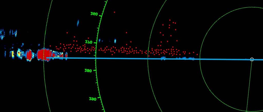 Figur 8. Eksempel på radarbillede med højdemålinger (røde prikker) fra en række screendumps.