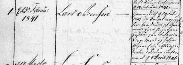 (1) Ellinge sogns kirkebøger: 1841 døbt søn Lars. Hjemmedøbt 24.feb.1841, fremstillet i kirken 4.apr.