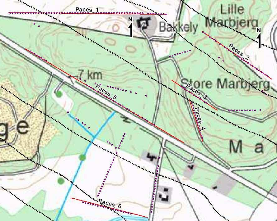 16 Figur 4-1 Placeringen af sammenligningsprofilerne røde linjer omkring Store Marbjerg for SkyTEM-sonderinger sorte prikker og PACES-data lilla prikker.