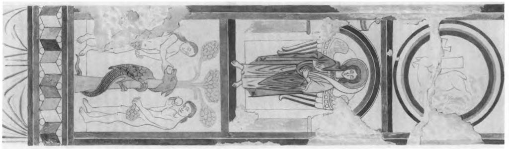 1032 LØVE HERRED Fig. 8a. Korslam og engel over Syndefaldet. Kalkmaleri fra 1200 rne på nordre del af korbuens underside (s. 1032).