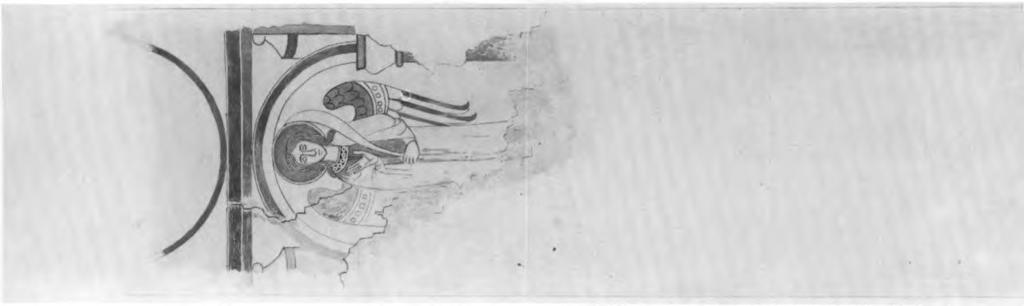SKELLEBJERG KIRKE 1033 Fig. 8b. Engel. Fragment af kalkmaleri fra 1200 rne på søndre del af korbuens underside (s. 1032). Detalje af farvelagt tegning, jfr. fig.