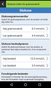 1. Tryk på Menu > Indstillinger > Glukose for at få vist skærmen INDSTILLINGER FOR GLUKOSE. 2.