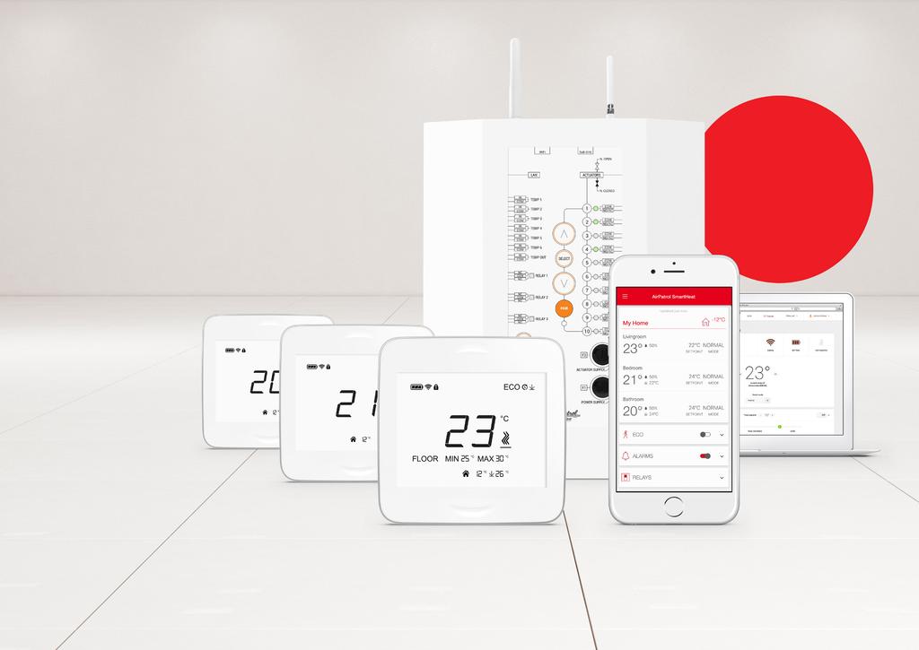 Smart varmesystem med trådløse termostater og smartphonekontrol til hver