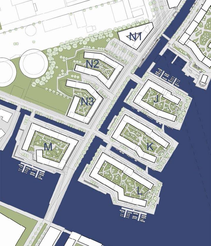 Bebyggelsesplanen omfatter de 4 øer med åbne boligkarréer omgivet af kanaler. Træbeplantning i små grupper er med til at understrege de varierede byrum.