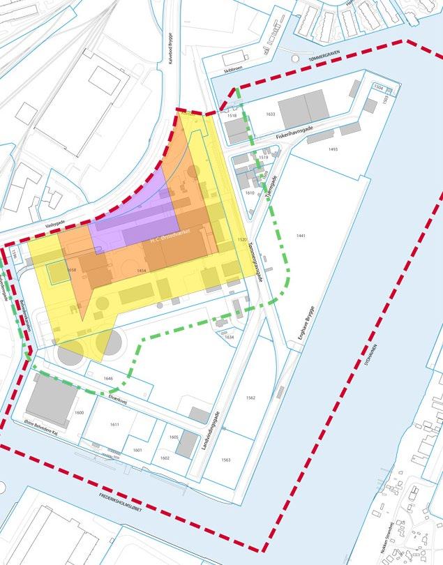 Mellem den gule zone og den grønne stiplede linje vist på tegning A, må der ikke placeres boliger, anden bebyggelse med forureningsfølsom anvendelse eller primære opholdsarealer i tilknytning hertil