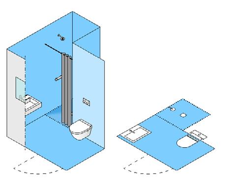 Figur 4. Vinkelformet vådrum, hvor bruser er placeret i den niche, som naturligt fremkommer i rummet.