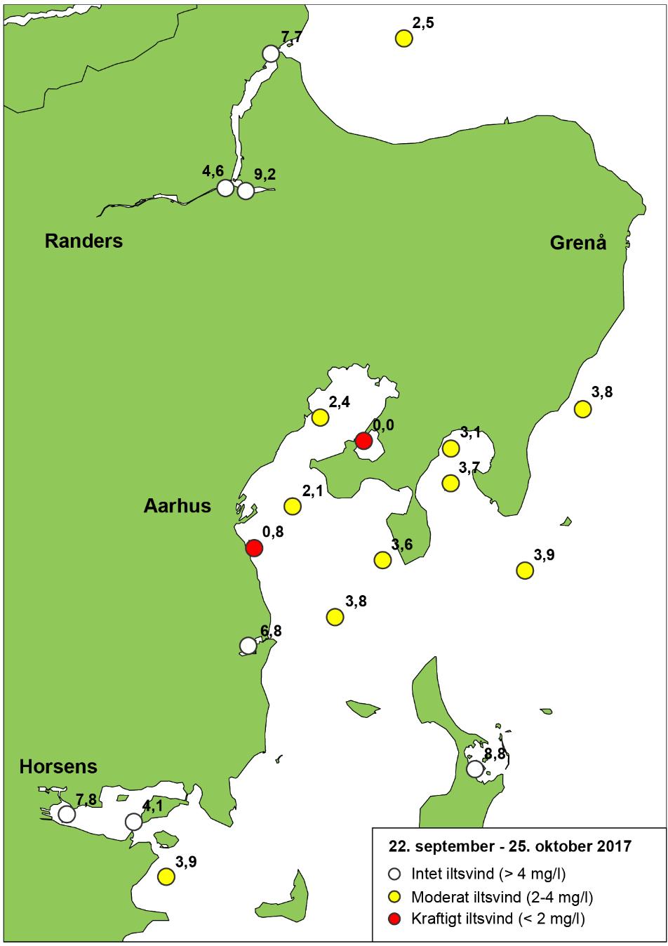Der blev ikke registreret iltsvind i Horsens Fjord i rapporteringsperioden, men iltindholdet var tæt på grænsen til iltsvind i den ydre del af fjorden.