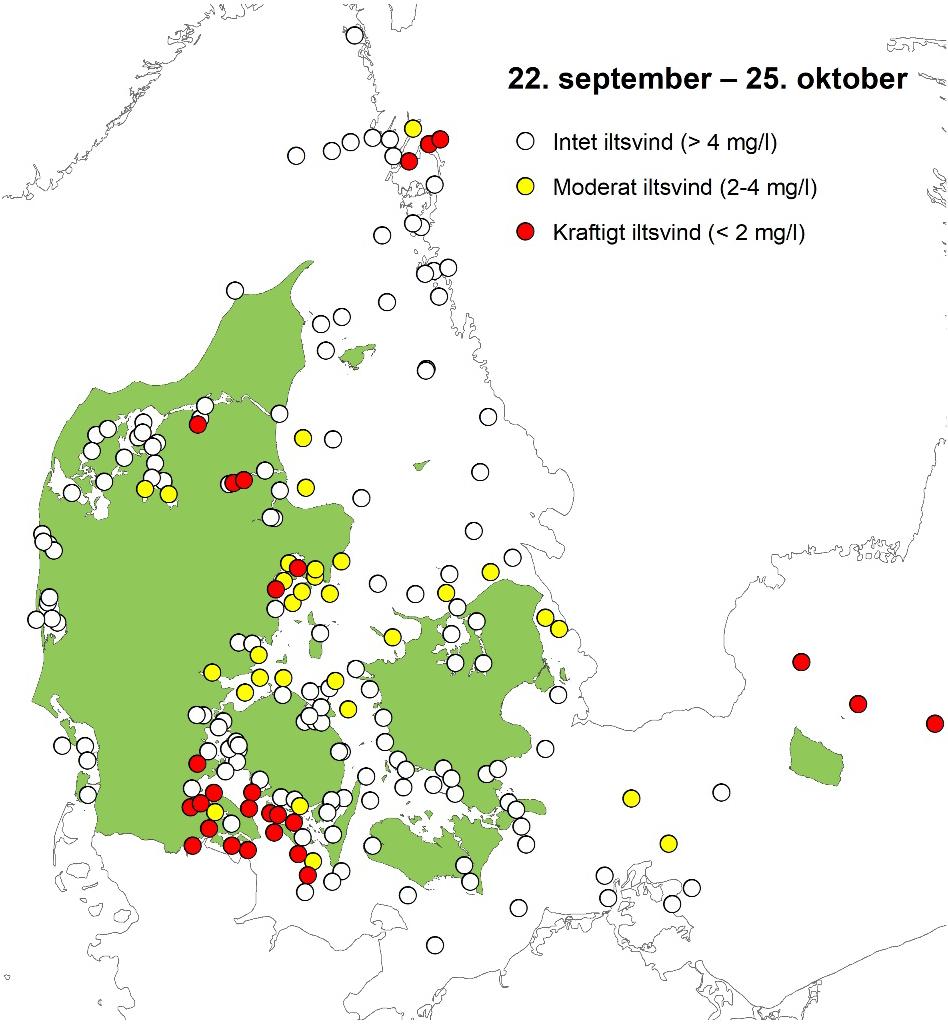 Iltsvind i farvandene i september-oktober 2017 Figur 1. Kortet viser de stationer, hvor iltforholdene er undersøgt i rapporteringsperioden fra 22. september til 25. oktober.