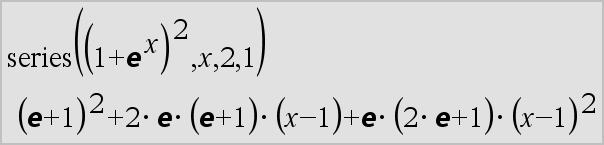 Hvis nmax mangler, sættes nmax til 2500 Hvis nmax=0, sættes nmax til 2500 Bemærk: seqn() kalder seqgen( ) med n0=1 og nstep =1 series() Katalog > series(udtr1, Var, Orden [, Punkt]) udtryk