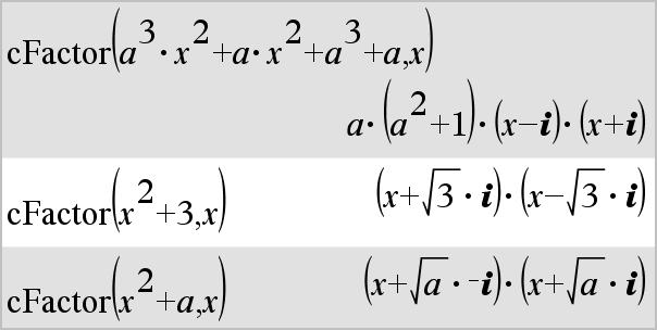 Denne mulighed er velegnet, hvis du ønsker opløsning i faktorer med hensyn til mere end en variabel. cfactor(udtr1,var) returnerer Udtr1 opløst i faktorer med hensyn til variablen Var.