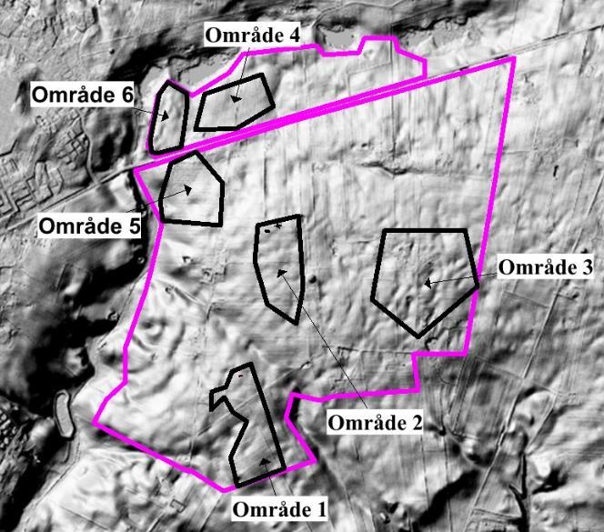 orienteret række af gravhøje i den sydlige del af kortet (sorte cirkler). Inden for undersøgelsens område er der registreret 9 gravhøje.