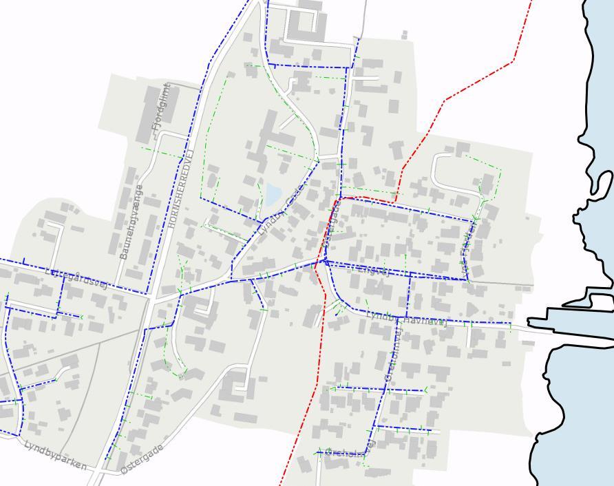 Lyndby vandforsyning i dag Blå = Gadeledninger Grøn = Stikledninger Rød