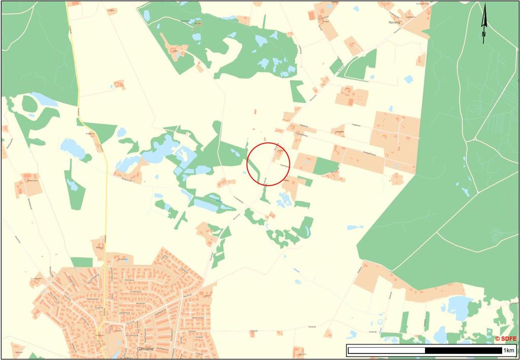 Figur 1: 1:12000. Oversigtskort. Den røde cirkel markerer projektstrækningen ved Farumvej 70.