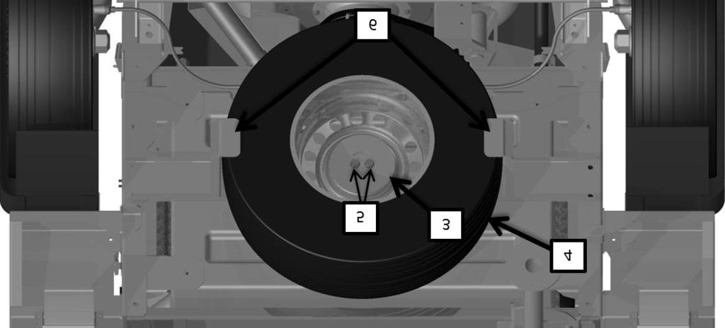 Monter TP SPARE WHEEL(1) på undersiden af flishuggeren med 4 bolte(2). Afmontering af reservehjul 1.