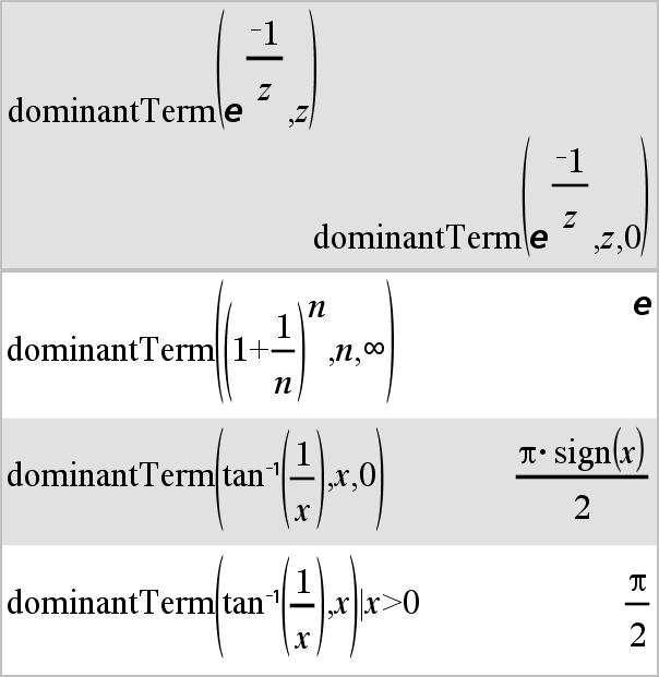 dominantterm() Katalog > dominantterm(udtr1, Var [, Punkt]) udtryk dominantterm(udtr1, Var [, Punkt]) Var>Punkt udtryk dominantterm(udtr1, Var [, Punkt]) Var<Punkt udtryk Returnerer det dominerende