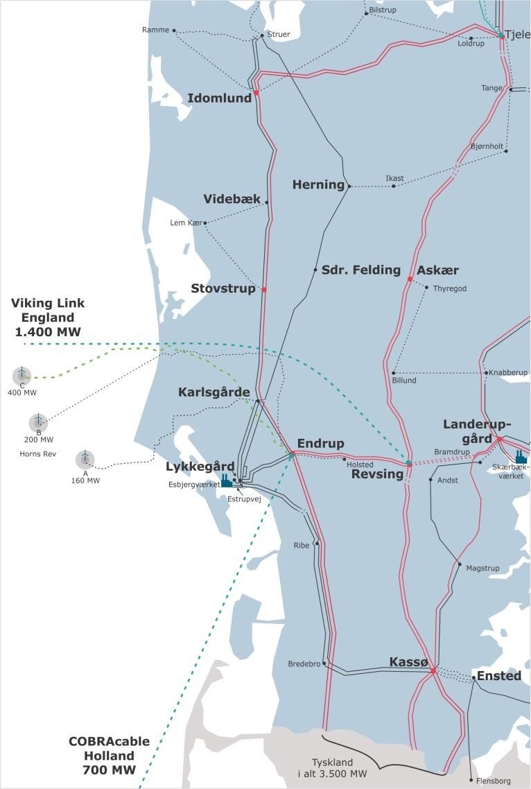 Figur 2 Indstillet løsning, 400/150 kv-kombiledning mellem Endrup og Idomlund stadie 2035. Den eksisterende luftledning demonteres på strækningen mellem Karlsgårde og Idomlund.