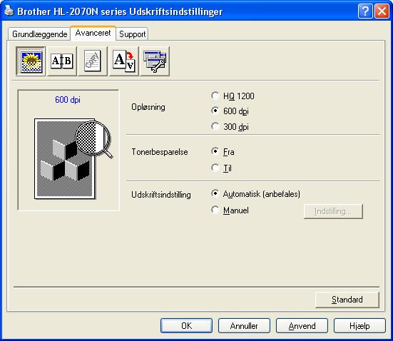 Driver og software Fanen Avanceret Bemærk Hvis du bruger Windows 2000 eller XP, kan du finde fanen Avanceret ved at klikke på Udskriftsindstillinger... i fanen Generelt på skærmen Egenskaber.