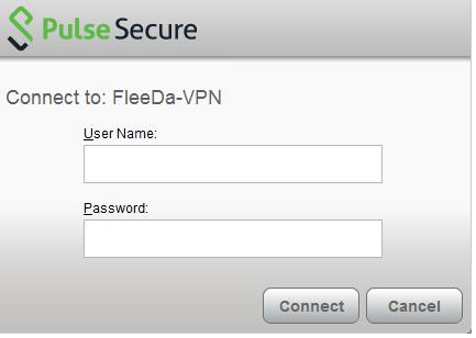1.4 Login på FleeDa VPN Find Junos Pulse i Windows taskbar, og tryk på Open Pulse Secure : Vælg FleeDa-VPN Connection (konfigureret ifølge afsnit 1.
