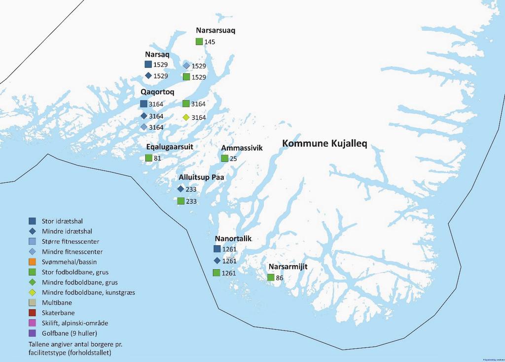 Figur 21: Idrætsfaciliteter i Kommune Kujalleq Facilitetsdækning i større byer Mere end otte ud af ti borgere i Grønland er bosiddende i en by med minimum 1.