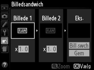 Billedsandwich Knappen G N retoucheringsmenu Billedsandwich kombinerer to eksisterende NEF-billeder (RAW) til at oprette et enkelt billede, der gemmes separat fra originalerne; resultaterne, som